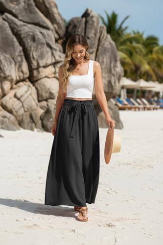 Womens Maxi Skirt with Pockets Elastic Waist Pleated A Line Summer - color: A01-black, size: Large