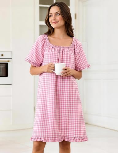 Flygo Womens Gingham Nightgown Cotton Pullover House Dress with Pockets - color: Pink, size: Large