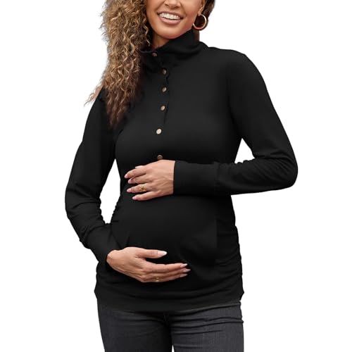 Bhome Maternity Shirt Casual Long Sleeve Half Button Front Lightweight Sweatshirts Slim Fit Pullover Tops with Pockets - color: Black, size: Medium