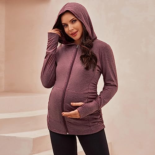DEBELLY Maternity Sweatshirt Zip Up Hoodie Pockets Pregnancy Postpartum - color: Burgundy, size: Small