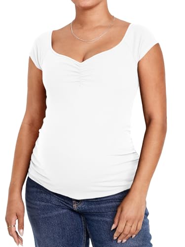 Tankaneo Womens Vneck Maternity Tops Cap Sleeve Fit Ribbed Pregnancy Tshirt - color: White, size: Large
