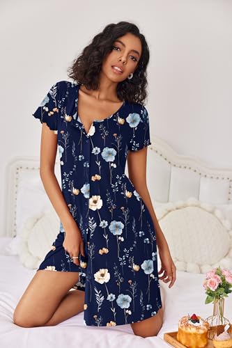 Ekouaer 3 Pack Women's Button Down Nightgowns Short Sleeve Night Shirts - color: Black,blue,navy Flowers, size: X-Large
