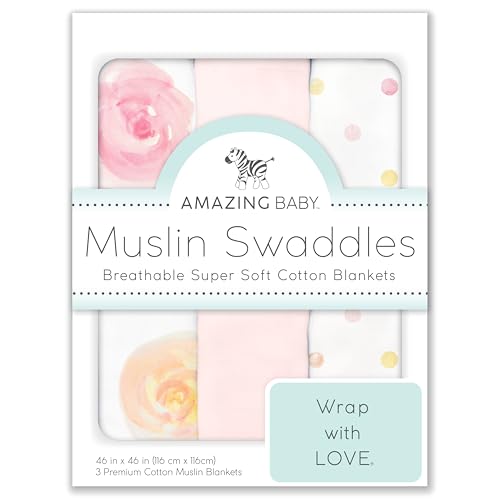 Amazing Baby Muslin Swaddle Blankets for Baby Girls, Newborn Receiving Blanket, 100% Cotton Baby Swaddle Wrap, Set of 3, XLarge 46x46 inches, Watercolor Bliss, Pink - color: Watercolor Bliss, 3 Pack, size: 3 pack