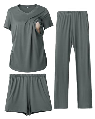 Rnxrbb 3 Piece Maternity Nursing Pajamas Set for Women Postpartum Pjs - color: Cyangray, size: XX-Large