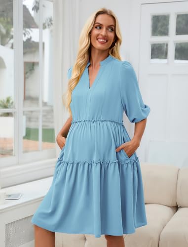 Angashion Women's Maternity Nursing Dress: V-Neck Hidden Zipper Pockets - color: Light Blue, size: Medium