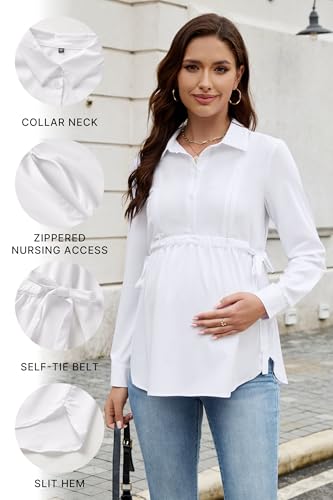 OUGES Women's Maternity Nursing Shirts Long Sleeve Hidden Zippers Pregnancy Blouse Button Down Work Office Tops 2025 - color: White, size: Large