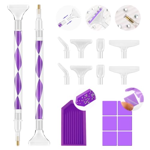Rhinestone Picker Tool Kit: 2Pcs Rhinestone Applicator Handle, Dual-Ended Bedazzling Tools Pen with 12 Upgraded Plastic Replacement Tips, Clay for DIY Nail Art Craft (Purple) - color: Deep Purple/White
