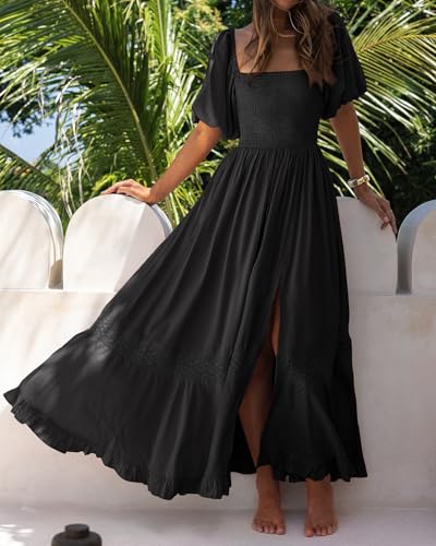 R.Vivimos Women's Summer Square Neck Smocked Slit Maxi Dress - color: Black, size: Medium
