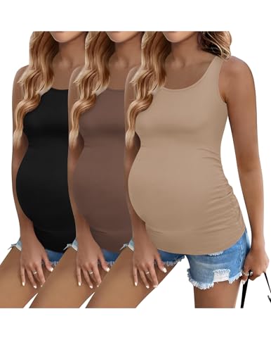 Ekouaer 3 Pack Women Maternity Tank Tops Summer Pregnancy Shirts - color: Black/Beige/Coffee, size: Medium