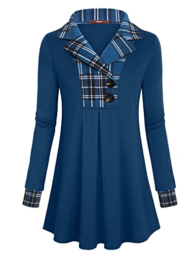 Gaharu Women's Swing Tunic Notch Collar Ladies Button Sweatshirt Long Sleeve Pullover Shirt Tops - color: Black Blue, size: Medium