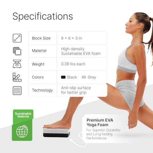 Yoga Blocks 2 Pack with Strap and Guide – Soft Non-Slip EVA Foam Blocks - color: Gray/Black - Stretch Band Gray