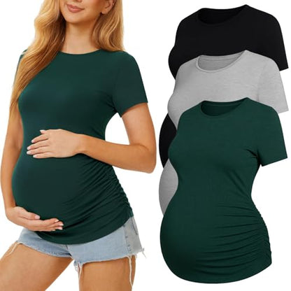 3 Pack Womens Maternity Shirts, Crew Neck Maternity Top Short Sleeve - color: Black/Light Grey/Dark Green, size: X-Large