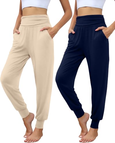 Locoowai 2 Pack Women's Yoga Sweatpants with Pockets - color: Apricot, Navy Blue, size: Medium