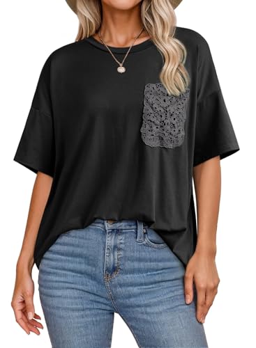 Dokotoo Womens Tops Summer 2026 Oversized T Shirts Lace Pockets - color: Black, size: Medium