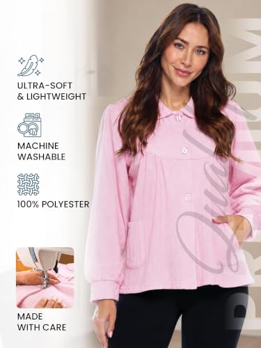 Casual Nights Women's Chenille Bed Jacket, Button Front Long Sleeve Sleep Top with Pockets - color: Pink, size: 3X