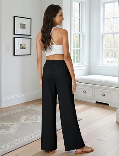 FireSwan Linen Pants Women Drawstring Elastic Waist Wide Leg Palazzo Pants - color: Black, size: Medium