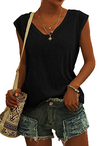 Langwyqu Womens' Cap Sleeve Tees Casual Loose Fit Basic Shirts Tank Tops - color: 00- Black, size: Small