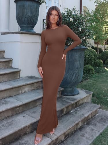 REORIA Women's Long Sleeve Ribbed Bodycon Maxi Dresses - color: Coffee, size: X-Large