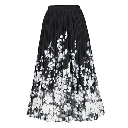 OBBUE Women's Chiffon Pleated Skirt A-line Skirts - color: Black White Flower, size: Medium