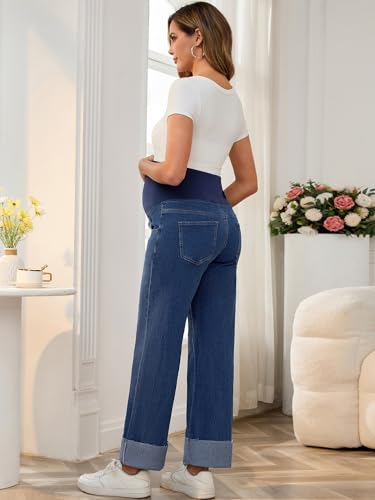 Women Maternity Jeans Straight Leg Cuffed Denim Work Pants - color: Dark Blue, size: Medium
