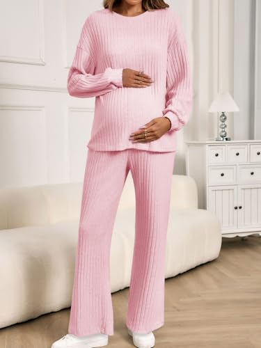 Yousify Womens Maternity Pajamas Sets 2 Piece Outfits Ribbed Knit Lounge Set - color: Light Pink, size: Medium
