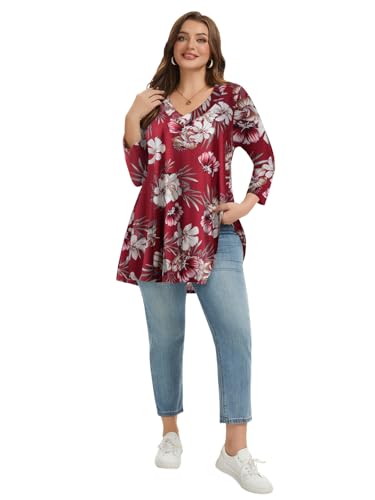 LARACE Plus Size Tunic Womens 3/4 Sleeve Tops V Neck Swing Loose Blouses - color: A-wine Red18, size: 5X