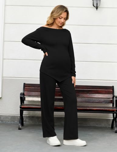 Bhome Maternity Sets 2 Piece Outfits Casual Pregnancy Loungewear - color: Black, size: Small