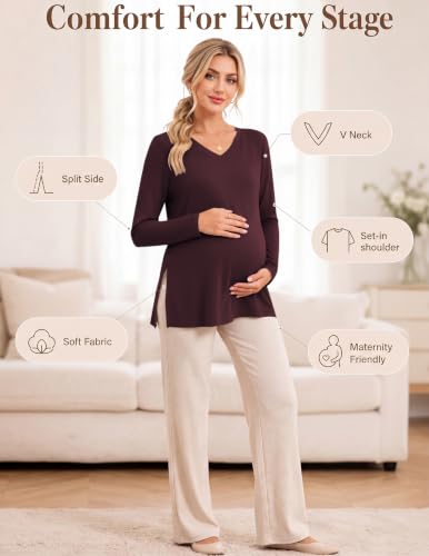 Ekouaer Womens 3 Pack Maternity Shirts Long Sleeve Pregnancy V Neck Clothes - color: Black/Dark Red/Navy Blue, size: Medium