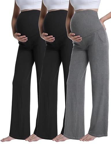 3 Pack Women's Maternity Pants Wide Leg - color: 3 Pack Black/Black/Hemp Grey, size: X-Large