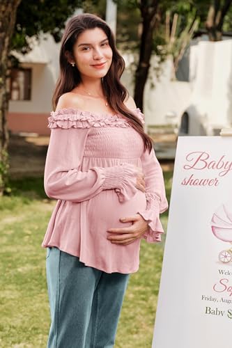 OUGES Womens Cotton Blend Off The Shoulder Maternity Tops Smocked Ruffle Sleeve Blouse Going Out Pregnancy Shirts 2025 - color: Pink, size: XX-Large