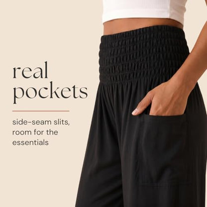 Boho Pants 2-Pocket Flowy Harem Pants Women for Yoga Travel Hippie Clothes - color: Solid Black, size: Small-Medium - Tall