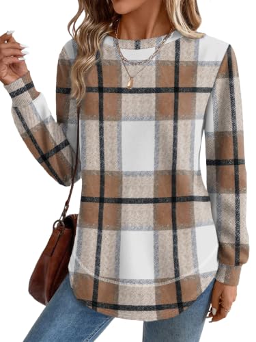 OFEEFAN Womens Sweaters Crew Neck Tunic Tops Long Sleeve Shirts Curved Hem - color: C-brown Plaid, size: Medium