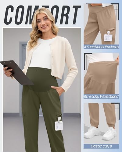 3 Pack Maternity Scrub Cargo Jogger Pants - color: Black, Army Green, Khaki, size: Small