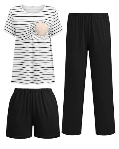 Ekouaer 3 Pack Postpartum Nursing Pajamas Breastfeeding Maternity Clothes - color: Black White Stripes, size: Small