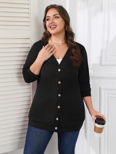 Lastshe Women Plus Size Cardigan Fall Thin Sweaters with Pockets 1X-5X - color: 01 Black, size: 2X