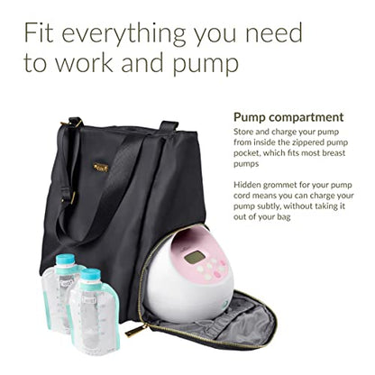 Kiinde Anika Breast Pump Bag with Cooler Pocket, Laptop Compartment, Stylish, Large, Easy to Clean, Black with Grey Interior