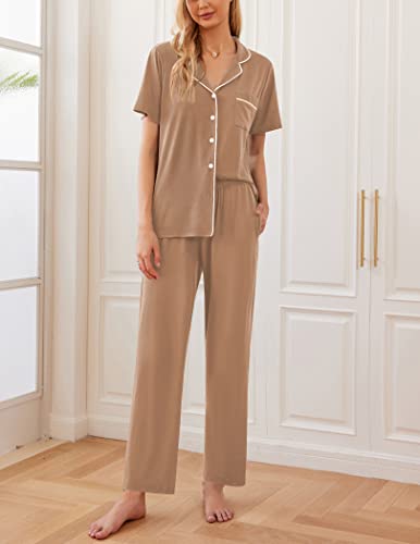 Ekouaer Womens Pajamas Set Short Sleeve Button Down Top & Pants Lounge Pjs - color: Brown, size: Large