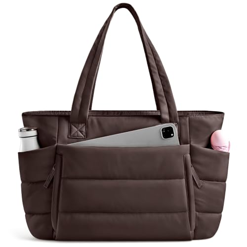 Uselike Tote Bag for Women with Zipper, Quilted Puffer Tote Bag with Compartments, Lightweight Puffy Work Bags for Women - color: Dark Brown