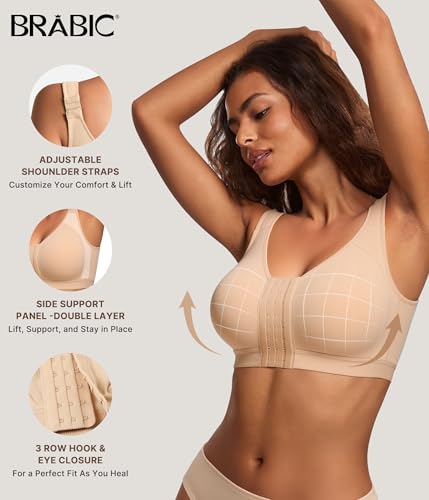 BRABIC Post Surgery Compression Bras for Women Front Closure Surgical - color: Beige, size: Small