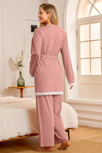 OUGES Womens Cotton Blend Maternity Nursing Robe Set 3 PCS Postpartum 3 in 1 Labor Delivery Hospital Pjs Tank Top & Pants - color: Pink, size: Small