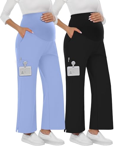 2 Pack Women's Maternity Scrub Pants with 6 Pockets - color: Black, Sky Blue, size: Large