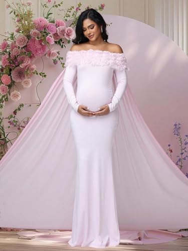 Maternity Mesh Off Shoulder Chiffon Cloak Maxi Photoshoot Dress - color: Pink-long Sleeve, size: X-Large