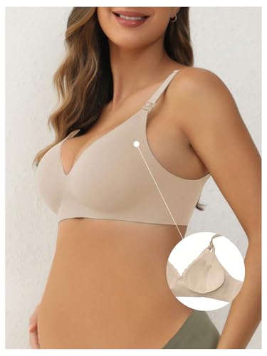 OYOANGLE Women's Maternity Nursing Bra Wireless Push Up Breastfeeding Bras - color: Apricot, size: Medium