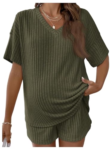 MakeMeChic Women's Maternity 2 Piece Sets Ribbed Shirt and Biker Shorts - color: Olive Green, size: Medium