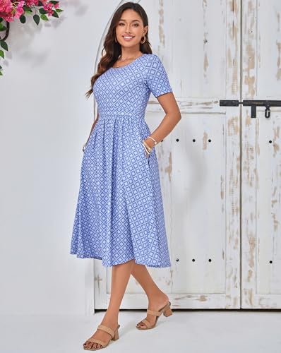 Women's Cotton Nursing Dresses Breastfeeding Midi Breastfeeding Dress with Pockets - color: Blue Tile Bloom, size: 3X