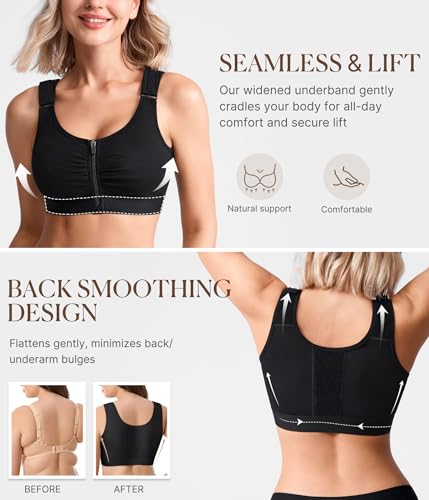 BRABIC Zip Front Closure Everyday Bras for Women Post Sugery Compression - color: Black, size: Large