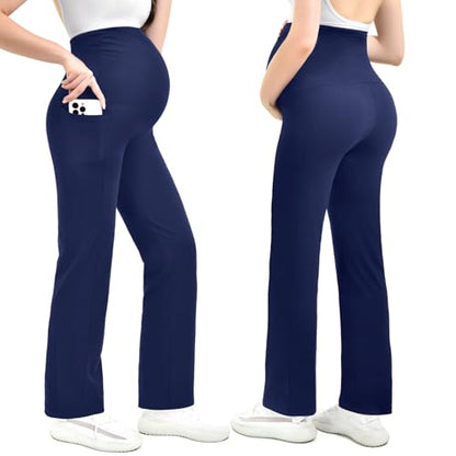 Leafigure Maternity Wide Leg Pants Over Belly with Pockets - color: Navyblue, size: X-Large