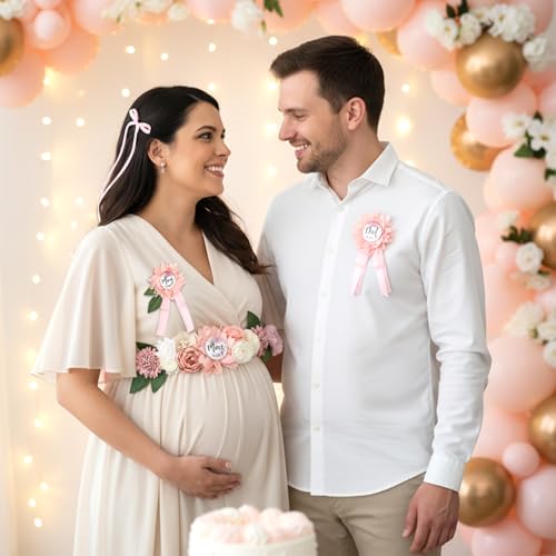 5 Pcs Pink Baby Shower Sash and Pin Set, Floral Maternity Belly Sash