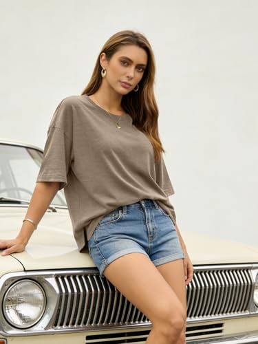 UNCLECAT Womens Oversized T Shirts Summer Trendy Short Sleeve Loose Fit Tee - color: Light Brown, size: Medium