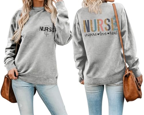 Nurse Sweatshirts for Women Nurse Inspire Love Heal Inspirational Pullovers - color: Grey, size: X-Large